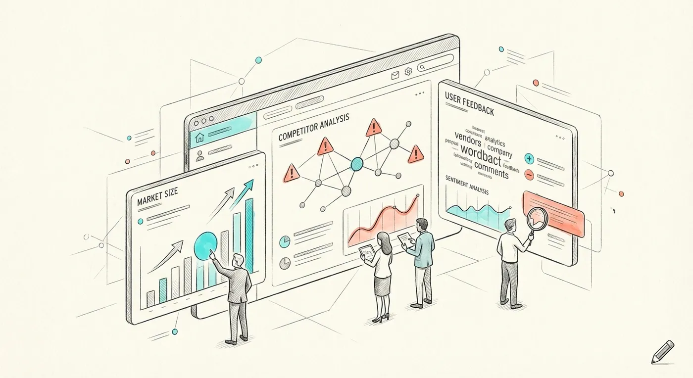 Unified Validation Dashboard: Market Size, Competitor Analysis, and User Feedback in one view