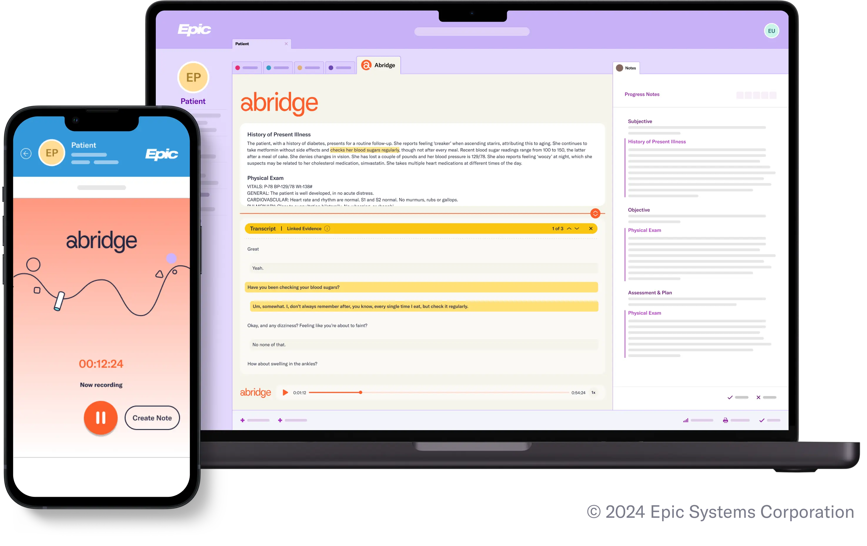 Abridge generating a clinical note inside Epic from the visit audio