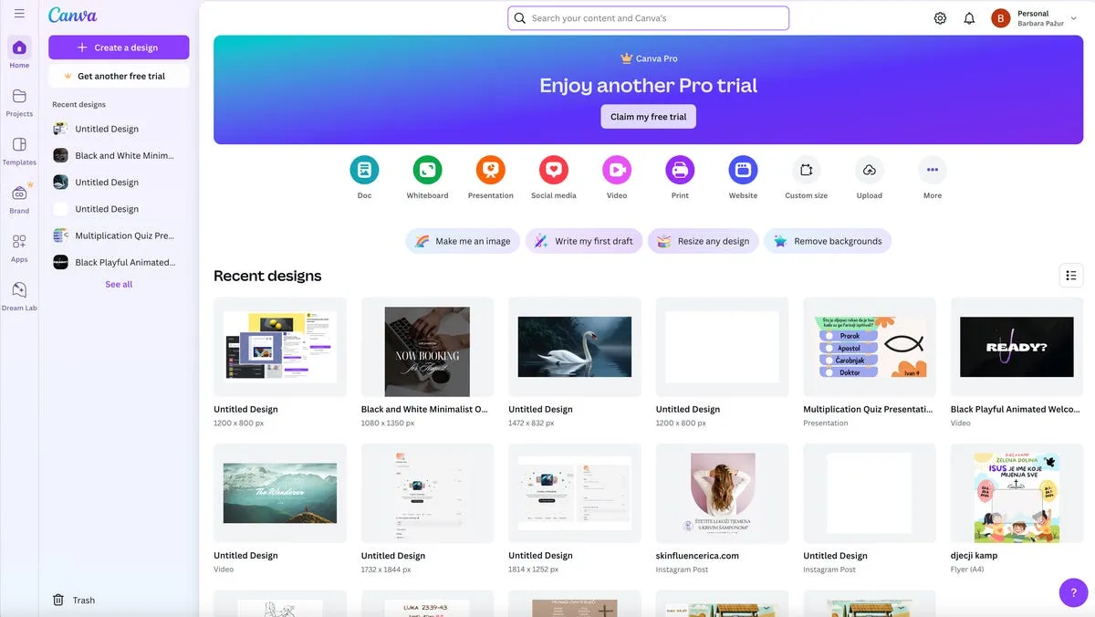 Canva homepage with design actions that hide AI complexity behind familiar creative tasks