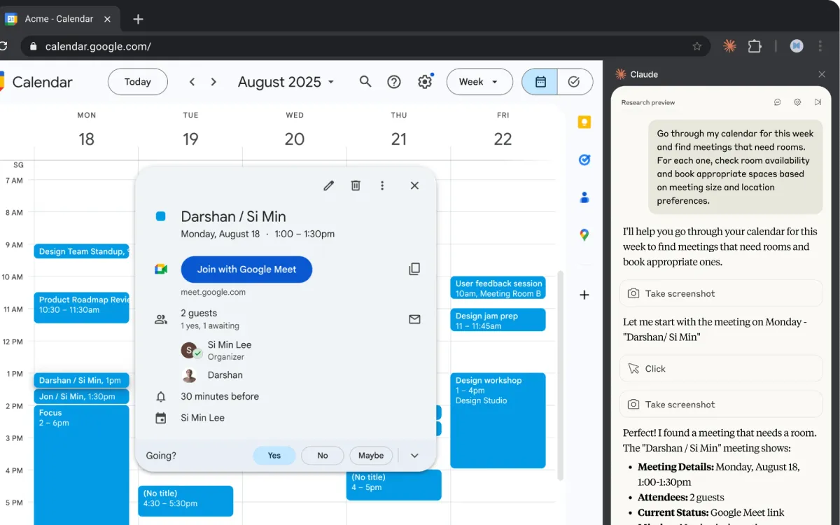 Claude computer use preparing a calendar action for user confirmation