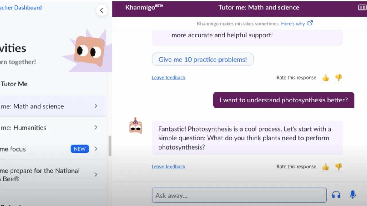 Khanmigo tutor responding with a guiding question
