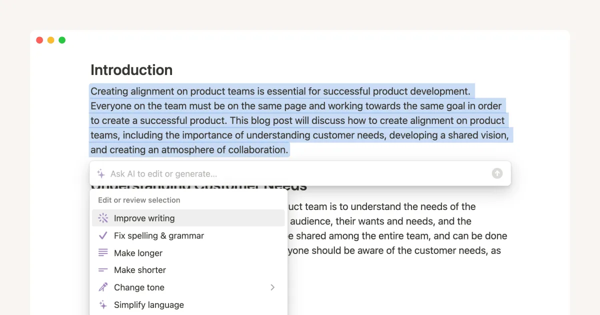 Notion AI inline menu with Improve writing, Fix spelling, Make longer, and Change tone options