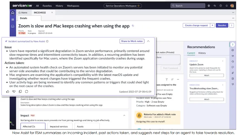ServiceNow Now Assist summarizing an incident with next steps