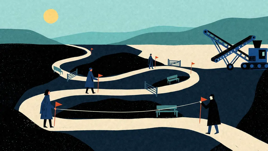 Four surveyors in long coats plant red flags along a winding path that loops past benches and gates, while an idle conveyor machine waits at the edge of the valley.