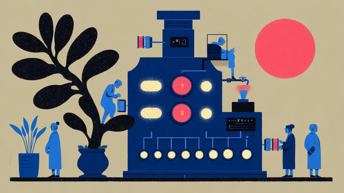 Editorial illustration of a large machine with numbered stages, representing a systematic product creation engine and outcomes