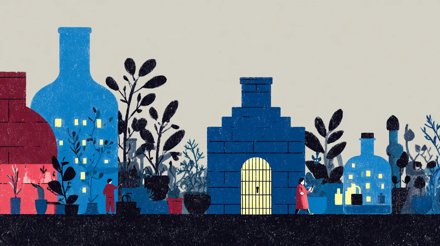Playful architectural illustration of a security and bug gate system