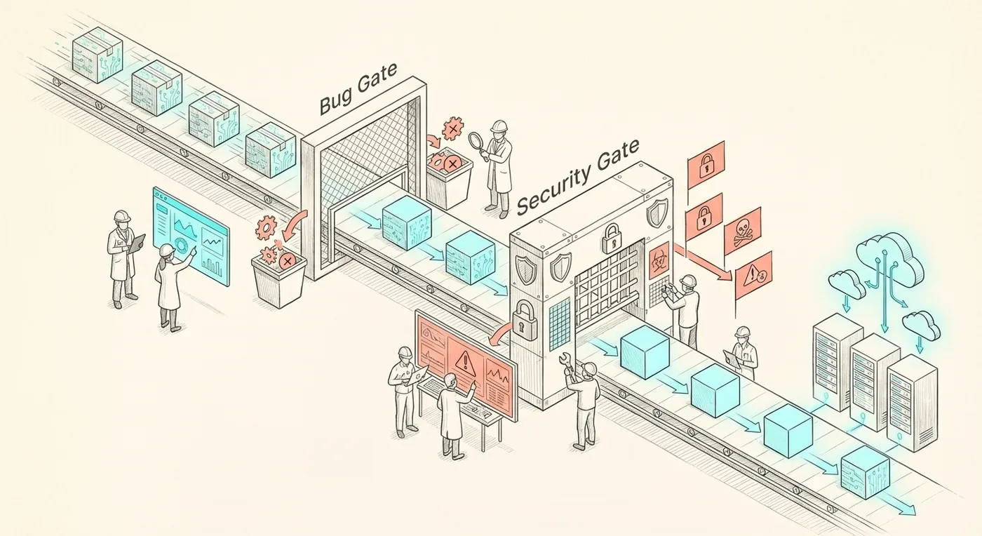 Diagram of a software delivery pipeline passing through bug and security gates