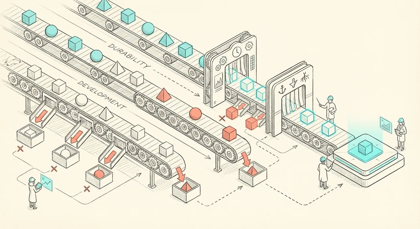 Diagram showing a multi-stage product creation pipeline with conveyor belts labeled development and durability, and gates filtering ideas through stages