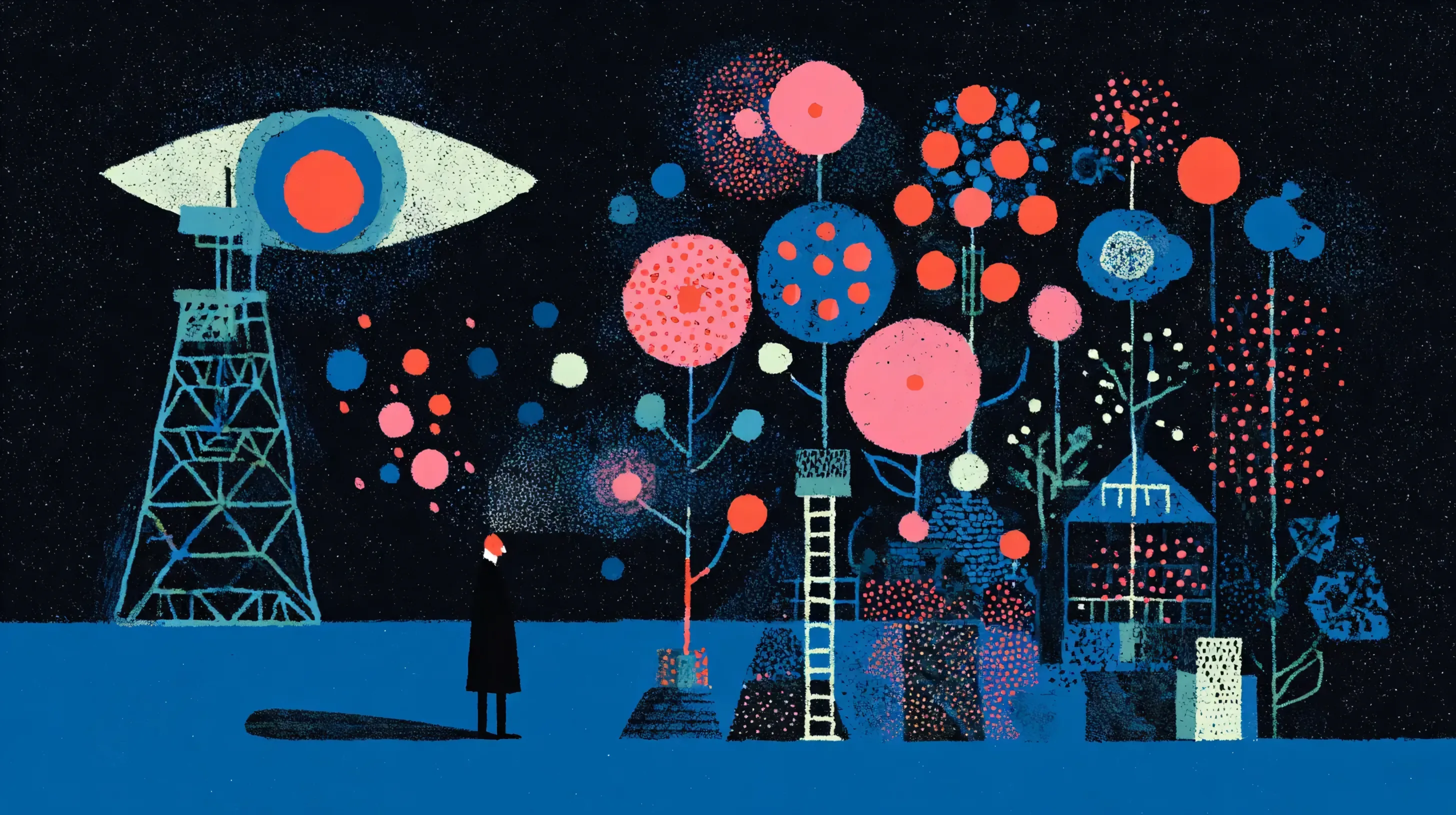 A figure in a dark coat stands before a tower with an eye-shaped dish and a field of tall patterned plants.